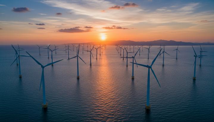 Морская ветровая электростанция с рядами турбин, установленных в море у побережья Тайваня на закате.