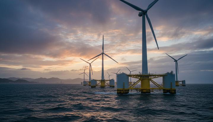 Плавучие морские ветряные турбины в открытом море у побережья Японии на фоне облачного неба.