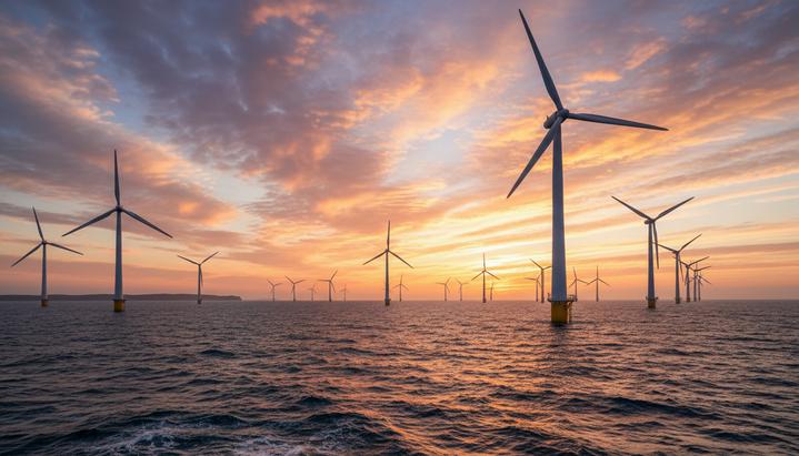 Морской ветропарк Empire Wind: ряды гигантских ветряных турбин в океане на фоне рассветного неба.