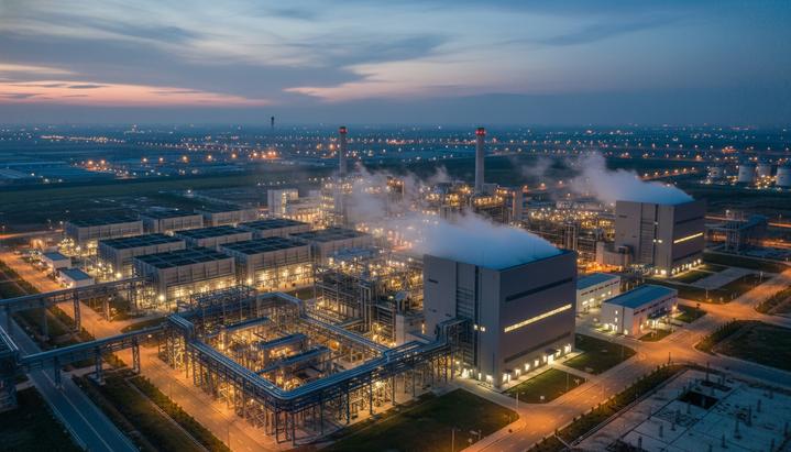 Вьетнам запустил первую в стране СПГ-электростанцию мощностью 1,6 ГВт Новая газовая электростанция Nhon Trach 3&4 в промышленной зоне Вьетнама в вечернее время. Освещенные корпуса и трубы.