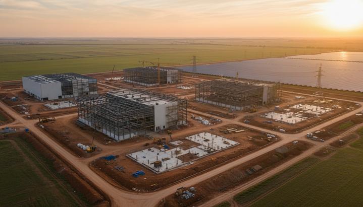 Tata Power инвестирует $742 млн в новый завод для солнечной энергетики Индии Новый крупный завод по производству солнечных элементов, окруженный полями и собственными солнечными электростанциями на рассвете.