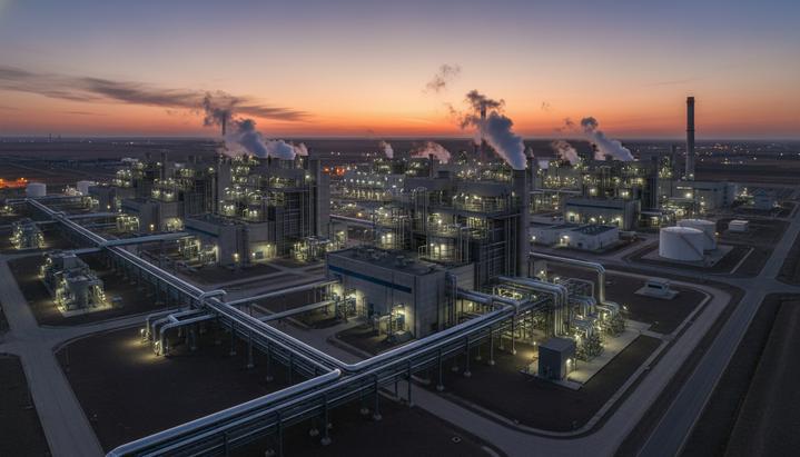 Современная газовая электростанция на закате, промышленные корпуса, трубы и технологическое оборудование.