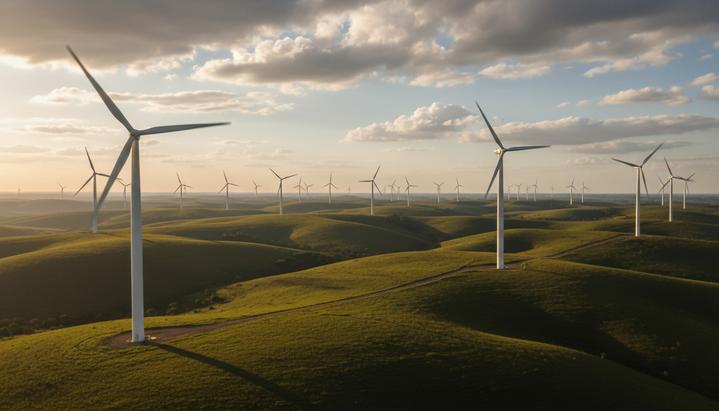 Огромные ветряные турбины на фоне зеленых холмов Бразилии в лучах закатного солнца.