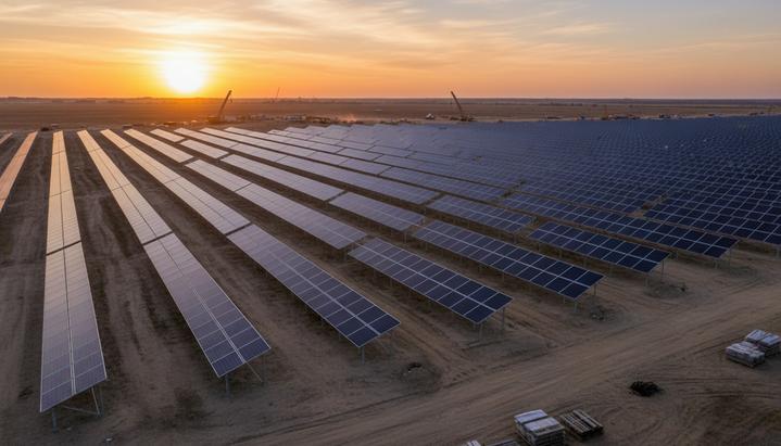 В Луизиане строят солнечные станции на 385 МВт для Meta и энергосети Большое поле с рядами солнечных панелей на этапе строительства. На заднем плане видна строительная техника.