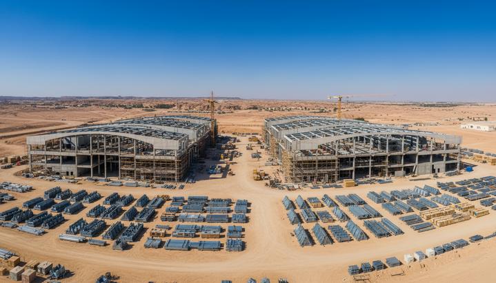 В Саудовской Аравии построят завод солнечных трекеров мощностью 12 ГВт Современный завод по производству солнечных трекеров в пустыне Саудовской Аравии. Промышленное здание и складированные компоненты на фоне ясного неба.