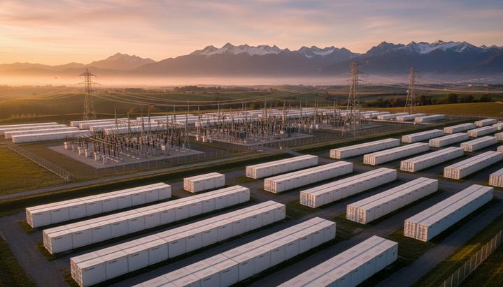 Крупная электростанция с рядами контейнеров для накопления энергии, подстанцией и линиями электропередач на фоне холмов.