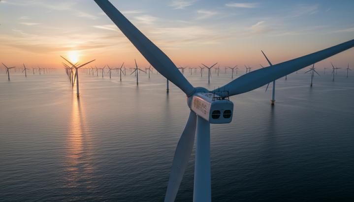 Суд США разрешил возобновить строительство ветропарка Revolution Wind Морская ветряная электростанция с рядами турбин в океане на рассвете. Вид на ветрогенератор крупным планом.