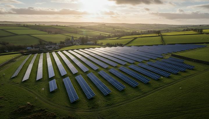 Солнечная электростанция с рядами фотоэлектрических панелей на фоне зеленых холмов Великобритании и неба с облаками.