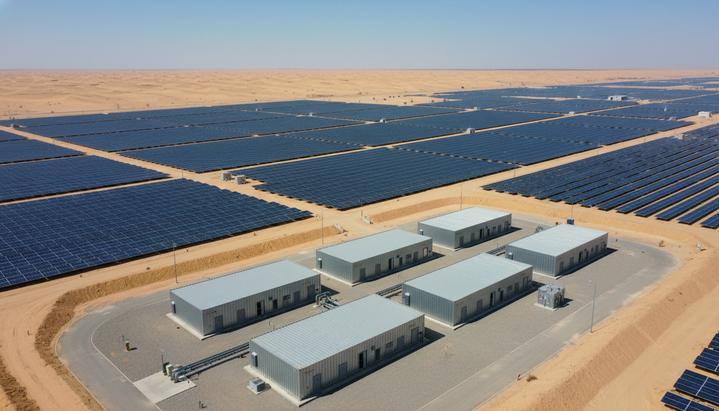 В Омане построят первую солнечную станцию с накопителем за $300 млн Солнечные панели на большой электростанции в пустыне Омана. На переднем плане – контейнеры системы накопления энергии.