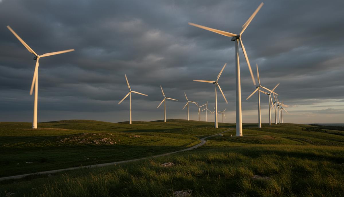 Ряд современных наземных ветрогенераторов на зеленых холмах на фоне облачного неба в дневное время.