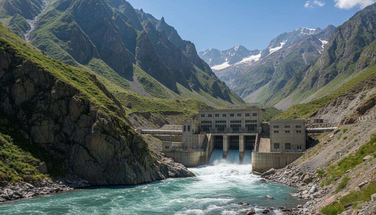 Русловая гидроэлектростанция в горной долине Кыргызстана. Бурный поток воды проходит через водозаборное сооружение на фоне скалистых склонов.