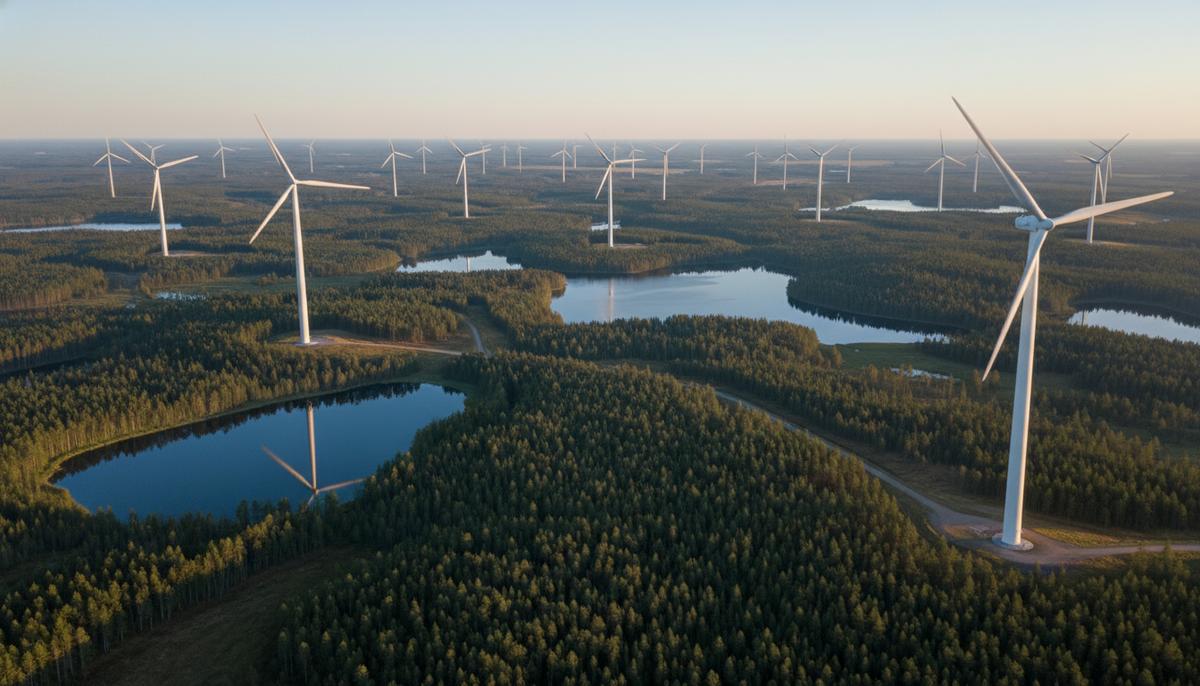 Панорамный вид с воздуха на огромный ветропарк с множеством ветряных турбин, расположенный среди лесов и озер Финляндии.