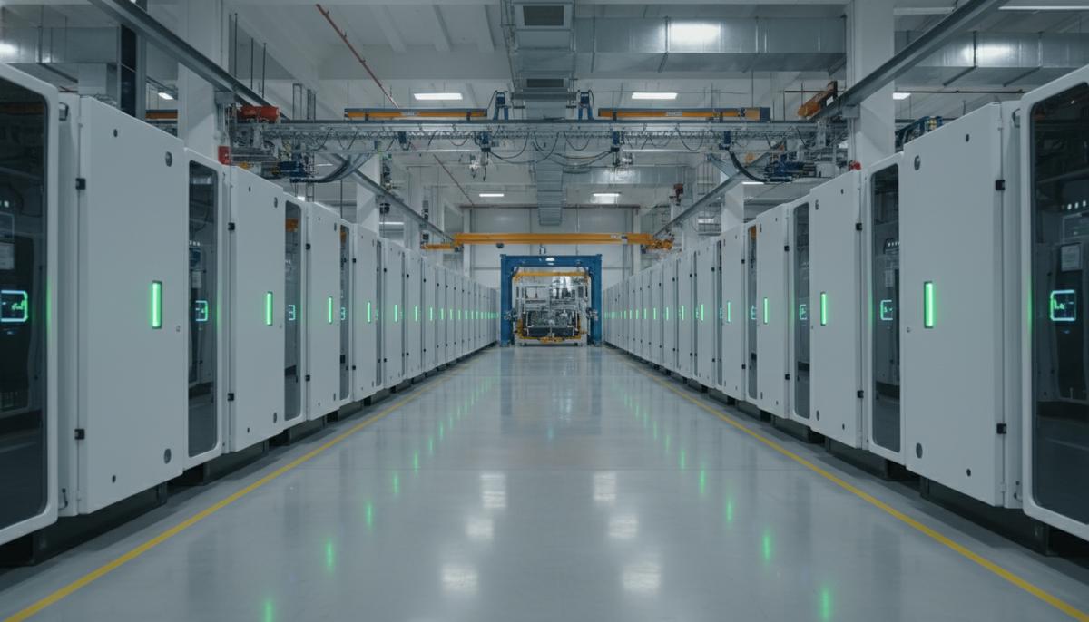 Индия запустила гигафабрику по производству систем хранения энергии Просторный цех завода по производству аккумуляторных систем хранения энергии с рядами больших белых модульных батарей.