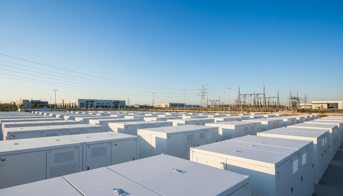 Ряды белых контейнеров аккумуляторной системы хранения энергии (BESS) на промышленной площадке в Германии.