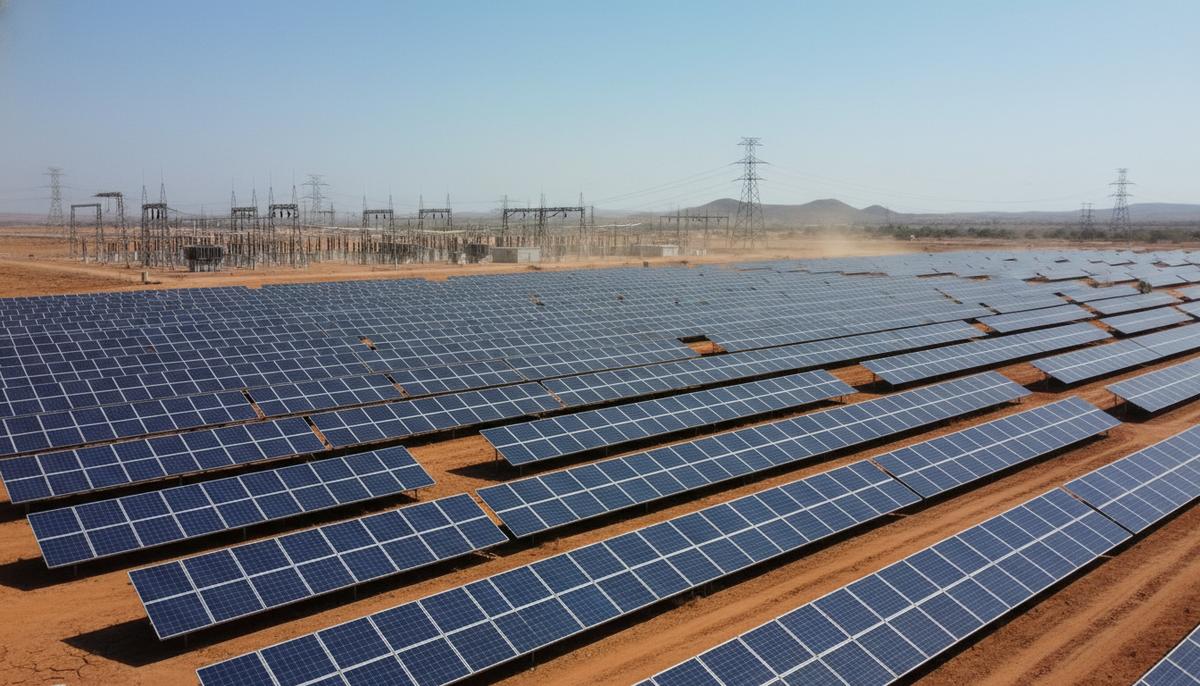Бескрайнее поле солнечных панелей на новой электростанции в Индии, на заднем плане – подстанция и линии электропередачи.
