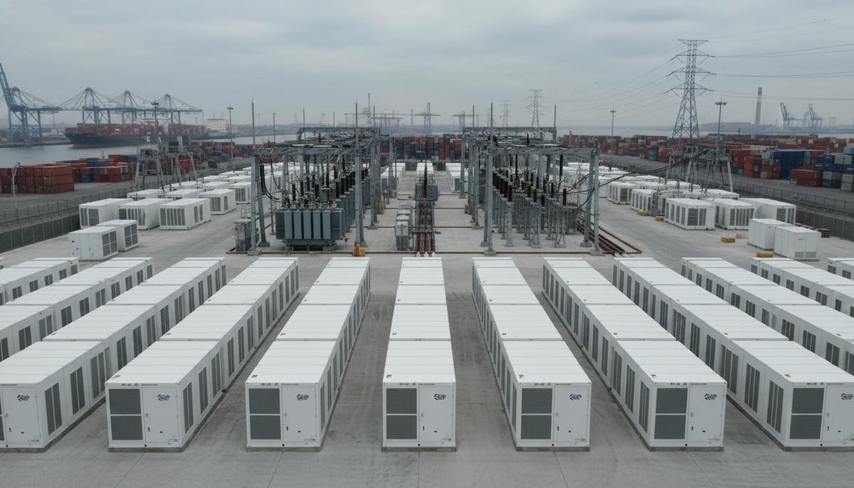 Современная аккумуляторная станция хранения энергии с рядами белых контейнеров в промышленной зоне порта.