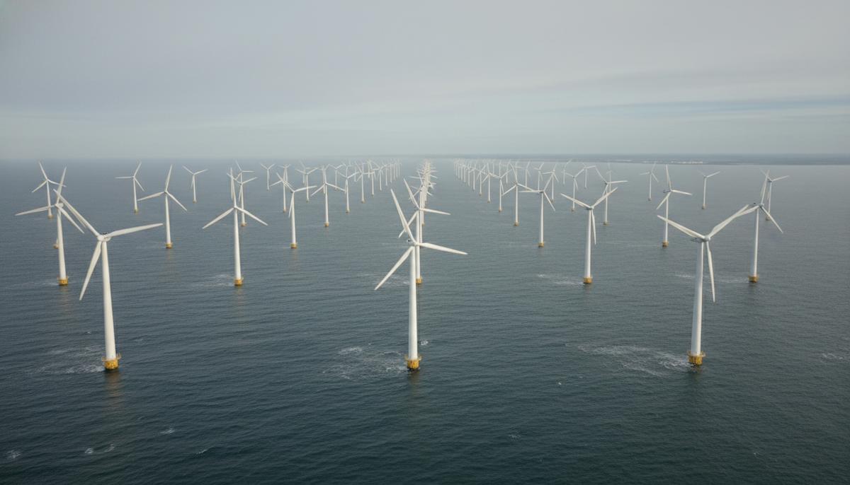 Морская ветряная электростанция с рядами турбин в океане у побережья Франции.