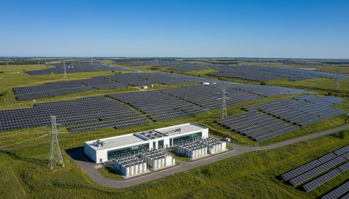 Солнечная электростанция с рядами панелей на фоне зеленых холмов и современное здание для систем накопления энергии.