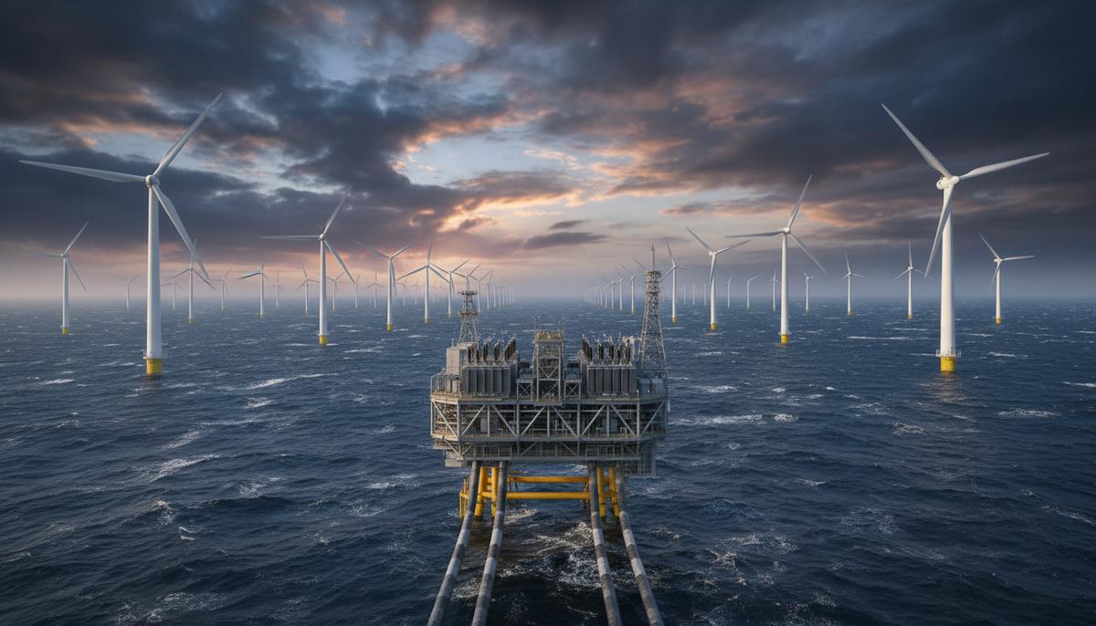 Масштабная морская ветроэлектростанция в Северном море с центральной преобразовательной платформой и ветряными турбинами.