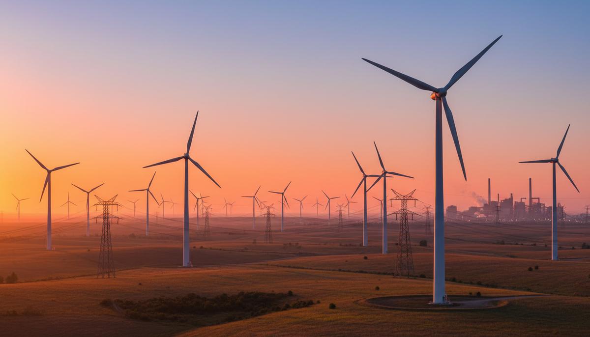 Ветряные турбины на электростанции в поле, от которой тянутся линии электропередач к промышленному заводу на горизонте.