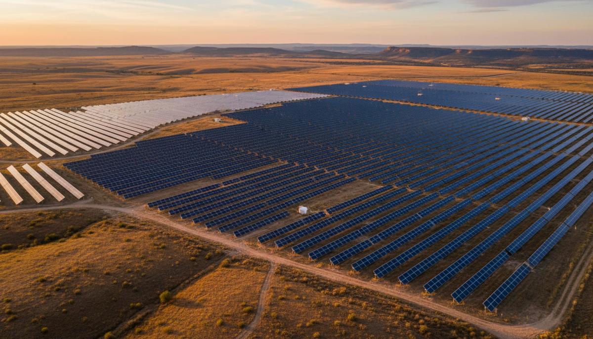 Солнечная электростанция с рядами фотоэлектрических панелей, установленных на обширной равнинной местности в Техасе.