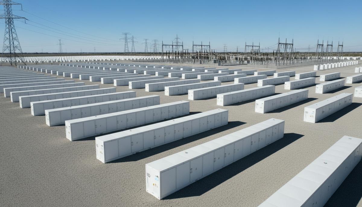 Крупный промышленный комплекс систем накопления энергии. Ряды белых контейнерных батарейных модулей на фоне ЛЭП и ясного неба.