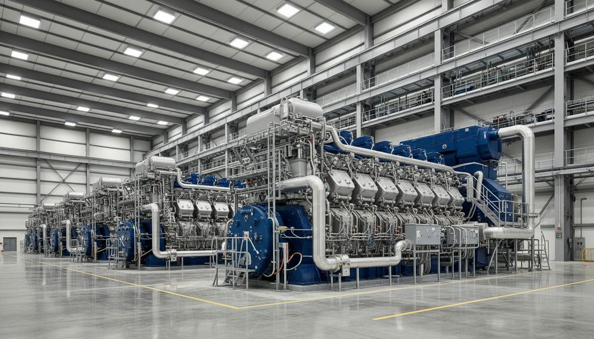 Ряд крупных газовых двигателей Wärtsilä в машинном зале современной электростанции. Промышленное оборудование и инженерные коммуникации.