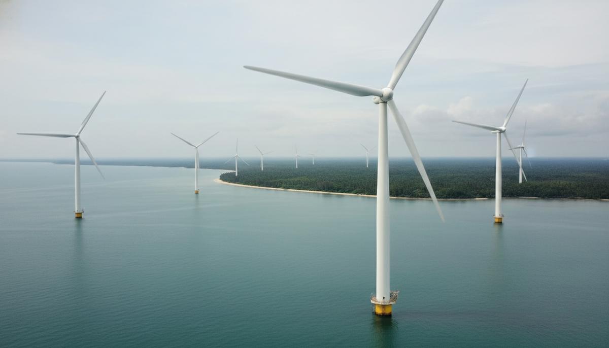 Новый этап морской ветроэнергетики во Вьетнаме: проект на 128 МВт Массивные морские ветровые турбины, установленные в воде у побережья Вьетнама в рамках нового проекта ветропарка.
