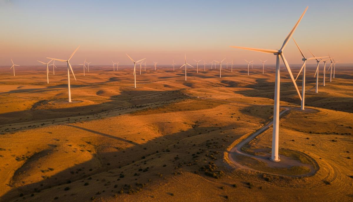 Современные ветрогенераторы на холмистой равнине в регионе Кыршехир, Турция, на закате.