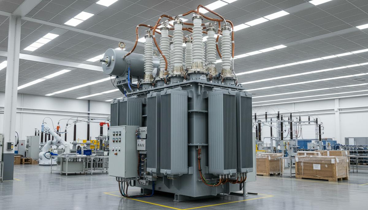 GE Vernova завершила поглощение производителя трансформаторов Prolec GE Огромный силовой трансформатор в сборочном цеху на современном заводе. Промышленное оборудование для электросетей.