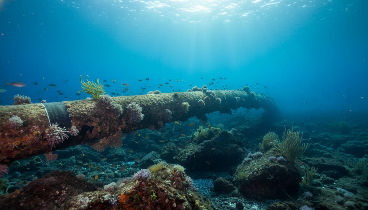 Толстый высоковольтный кабель лежит на каменистом дне океана, освещенный лучами солнца, пробивающимися сквозь воду.