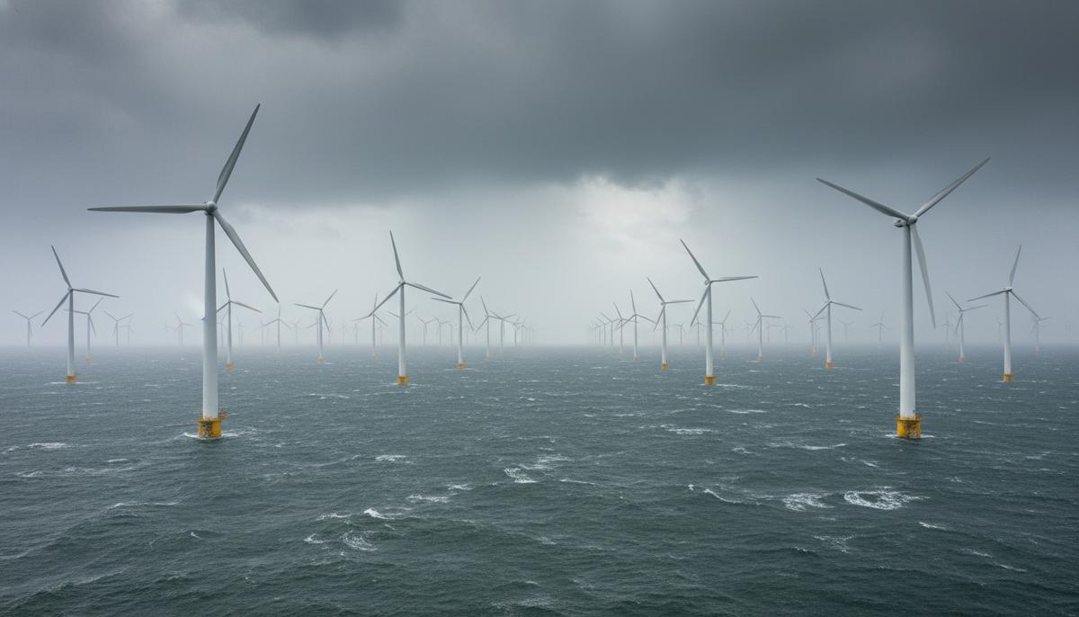 Крупные ветрогенераторы морской электростанции в неспокойном сером море под пасмурным небом.