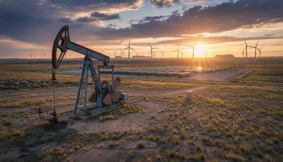 Нефтяная вышка на переднем плане и ветряные турбины на горизонте в американском пейзаже на рассвете.
