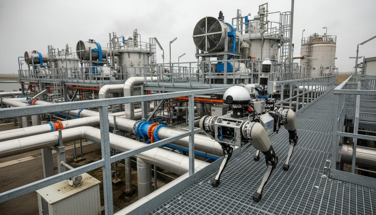 Четвероногий робот-разведчик с датчиками на промышленном объекте среди труб и металлоконструкций.