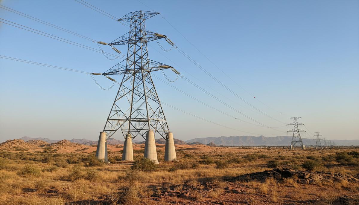 Высоковольтная опора ЛЭП в засушливом солнечном пейзаже Раджастхана, Индия, с линиями электропередачи, уходящими к горизонту.