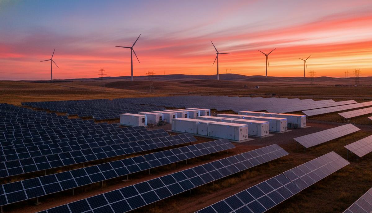 Солнечные панели и аккумуляторные хранилища на фоне ветряных турбин на холмах во время заката.