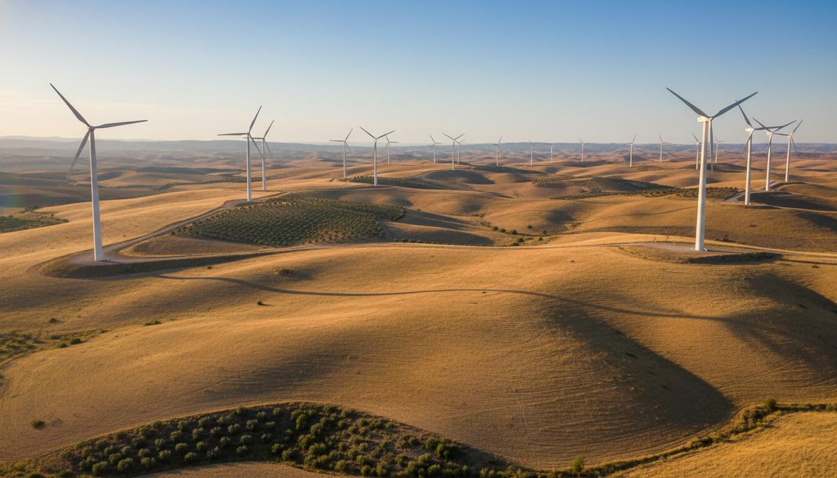 Современные ветряные турбины на фоне холмистого пейзажа Испании в лучах заходящего солнца.