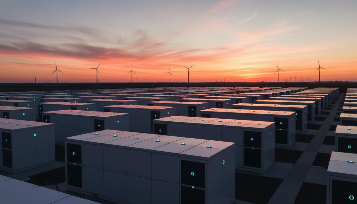 Ряды крупных контейнеров системы накопления энергии на открытой площадке на фоне заката и ветряных турбин.
