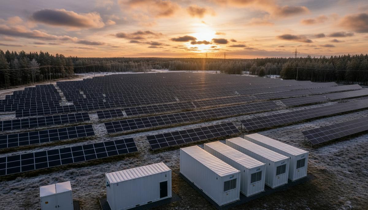 Крупная солнечная электростанция и система накопления энергии в контейнерах на фоне финского леса и неба.