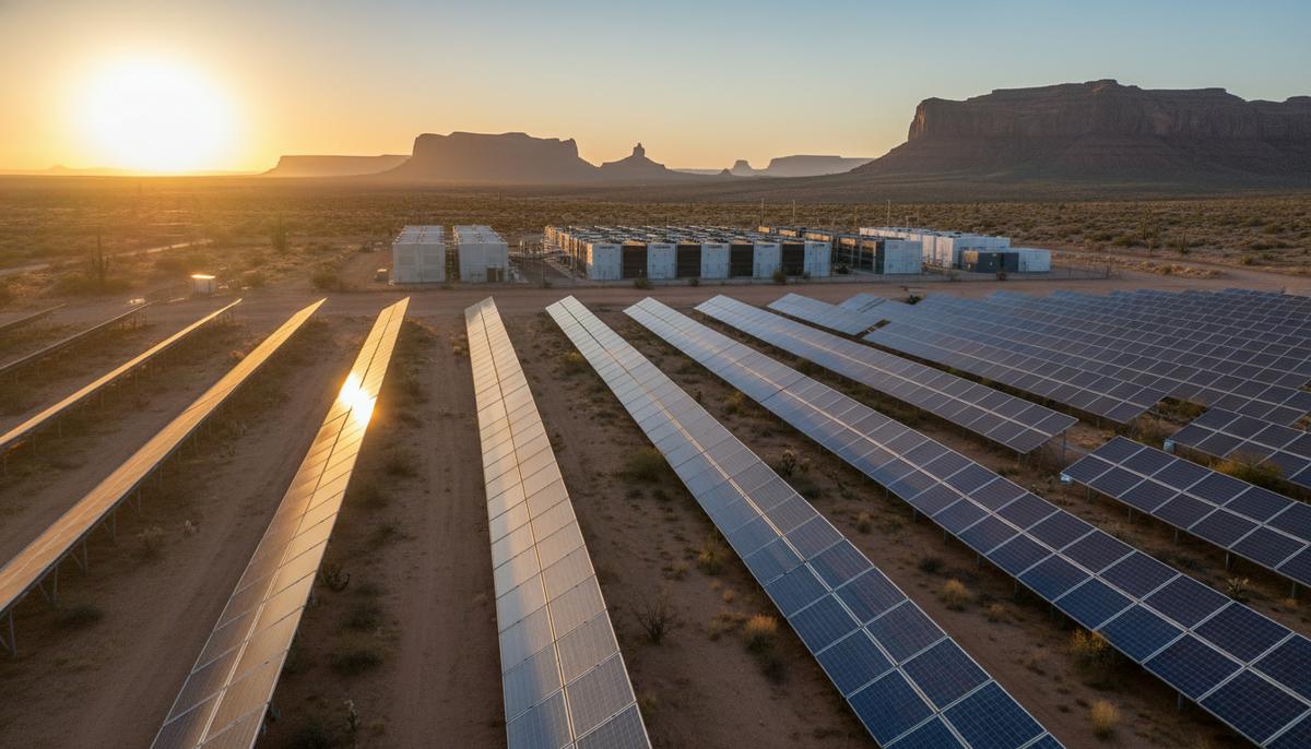 Бескрайние ряды солнечных панелей в пустыне Аризоны на закате, на фоне виден комплекс систем накопления энергии.
