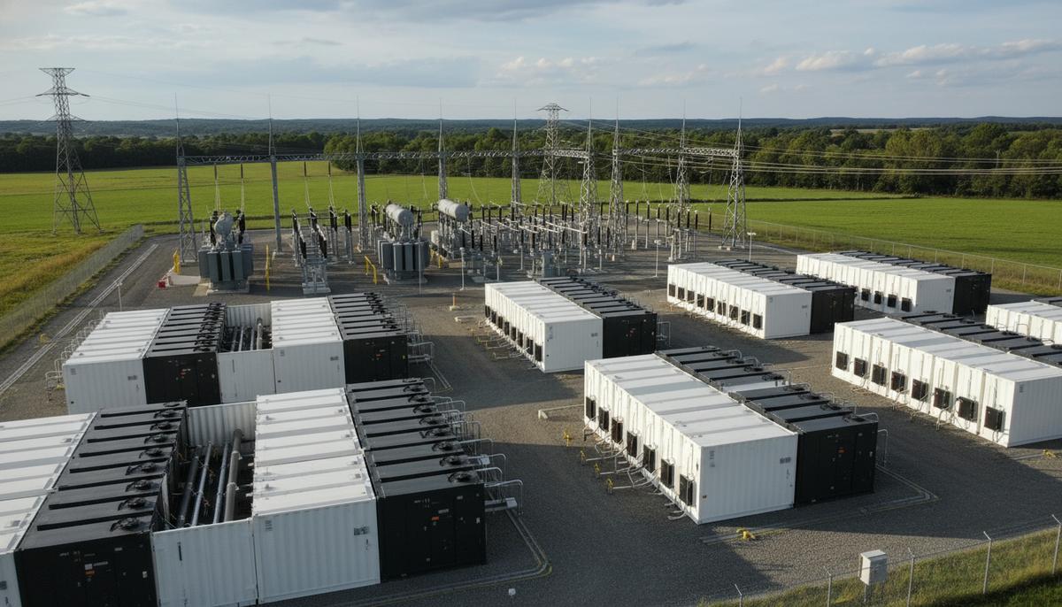 Крупный комплекс систем хранения энергии с рядами аккумуляторных блоков контейнерного типа на фоне электроподстанции и линий электропередач.