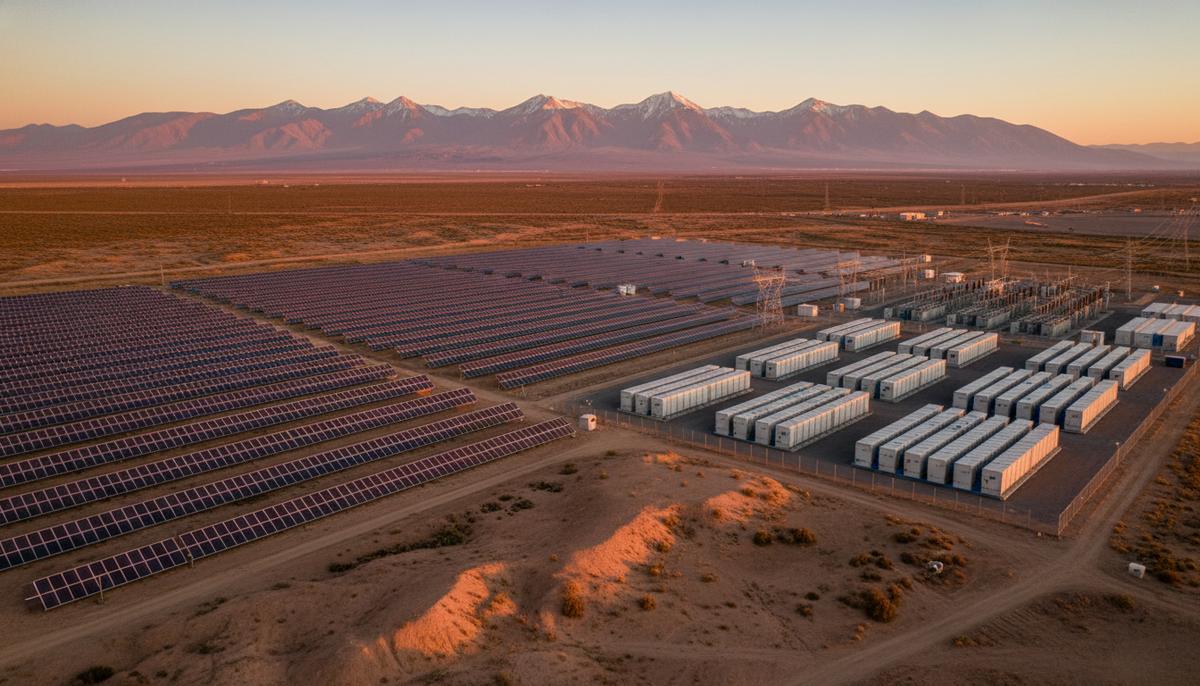 Солнечная электростанция с рядами панелей и контейнерами системы хранения энергии в пустынной местности на фоне гор.