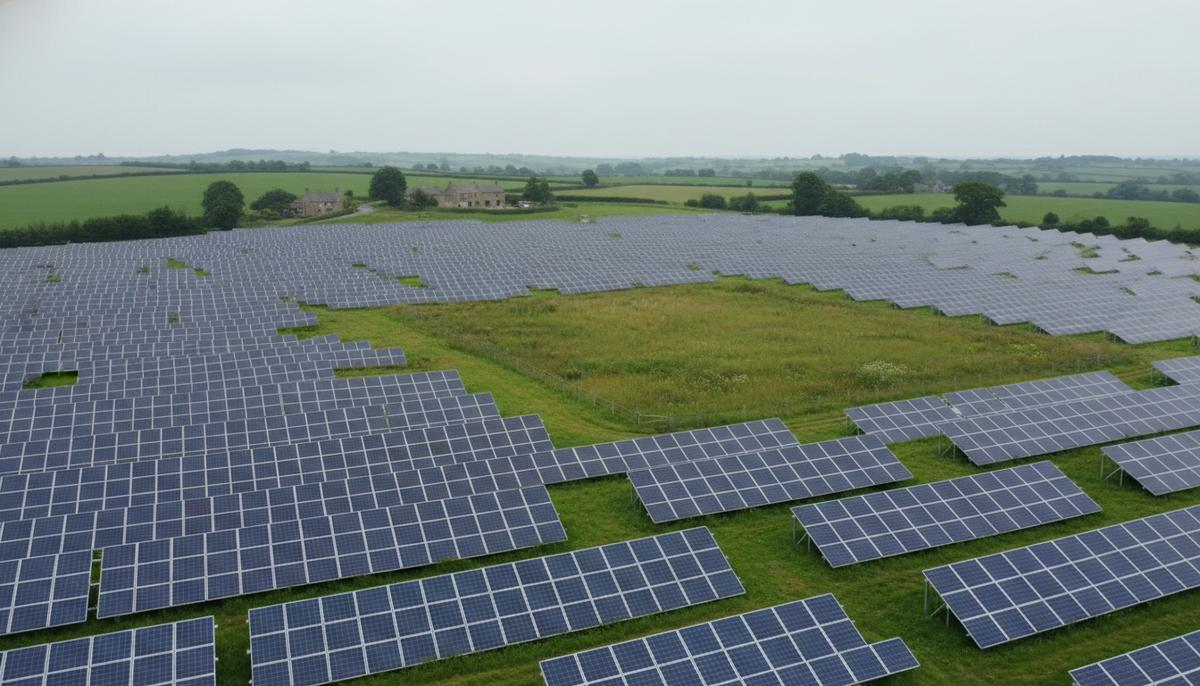Солнечная электростанция с рядами фотоэлектрических панелей на фоне зеленых холмов английской сельской местности.