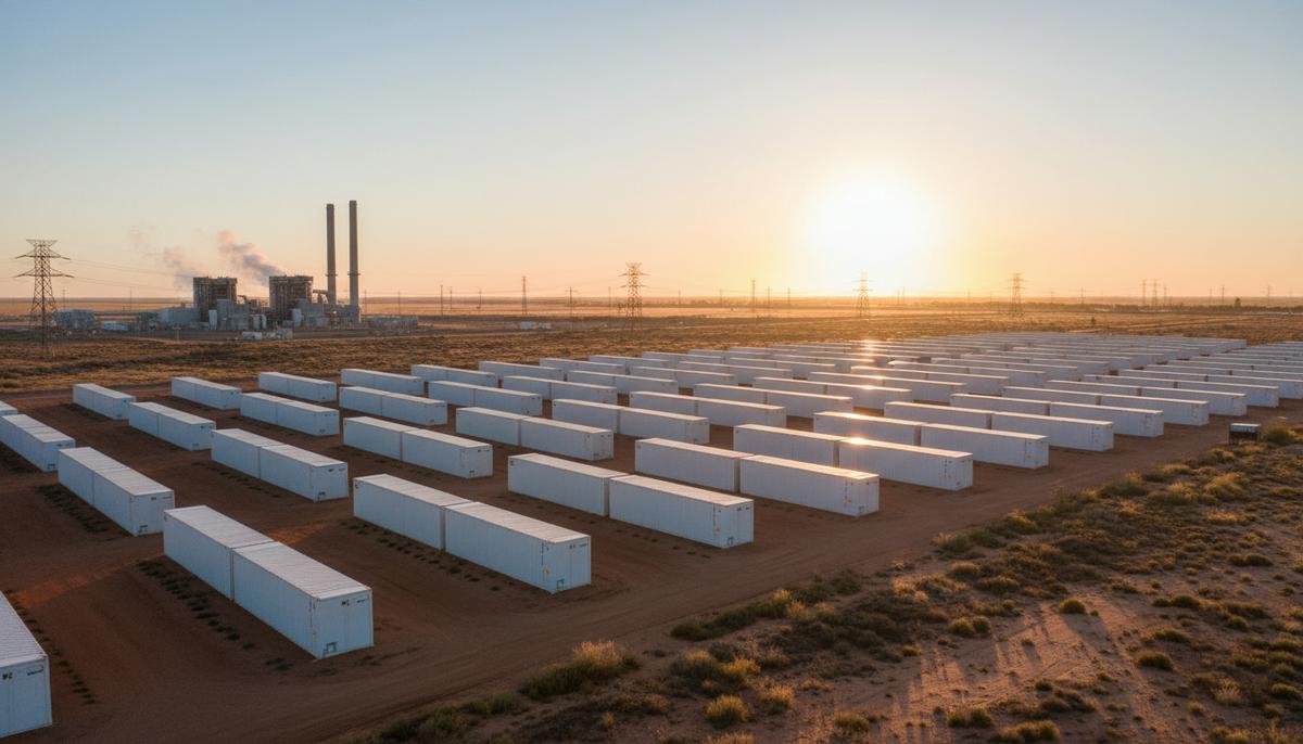 Ряды контейнеров системы накопления энергии на фоне газовой электростанции в австралийском пейзаже на рассвете.