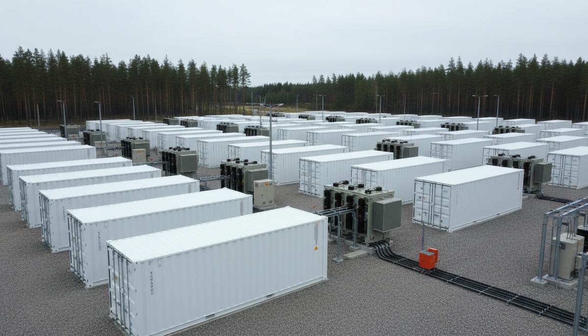 В Финляндии построят систему накопления энергии мощностью 125 МВт Ряды белых контейнеров аккумуляторной системы хранения энергии на гравийной площадке, окруженной лесом.