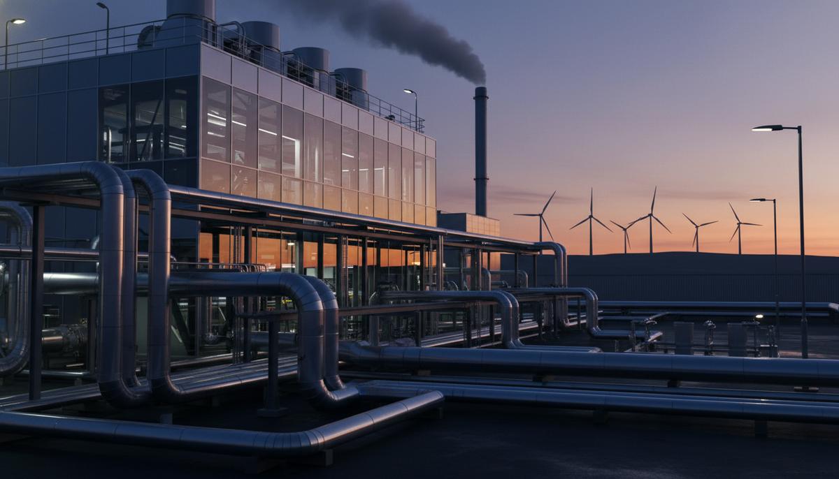 Комплекс труб и зданий современной теплоцентрали в сумерках, на дальнем плане видны силуэты ветрогенераторов.