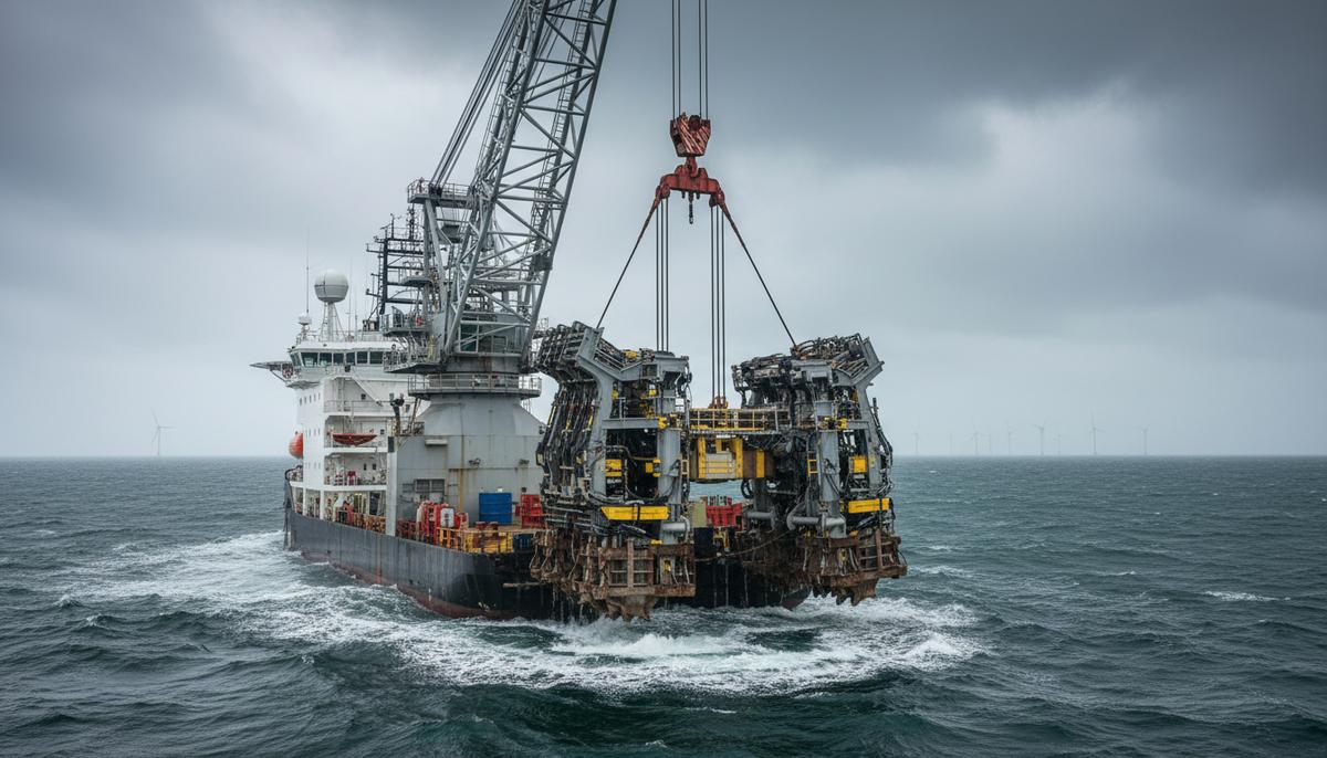Специализированное судно в Балтийском море опускает в воду большой подводный плуг для подготовки дна под строительство морской ветроэлектростанции.