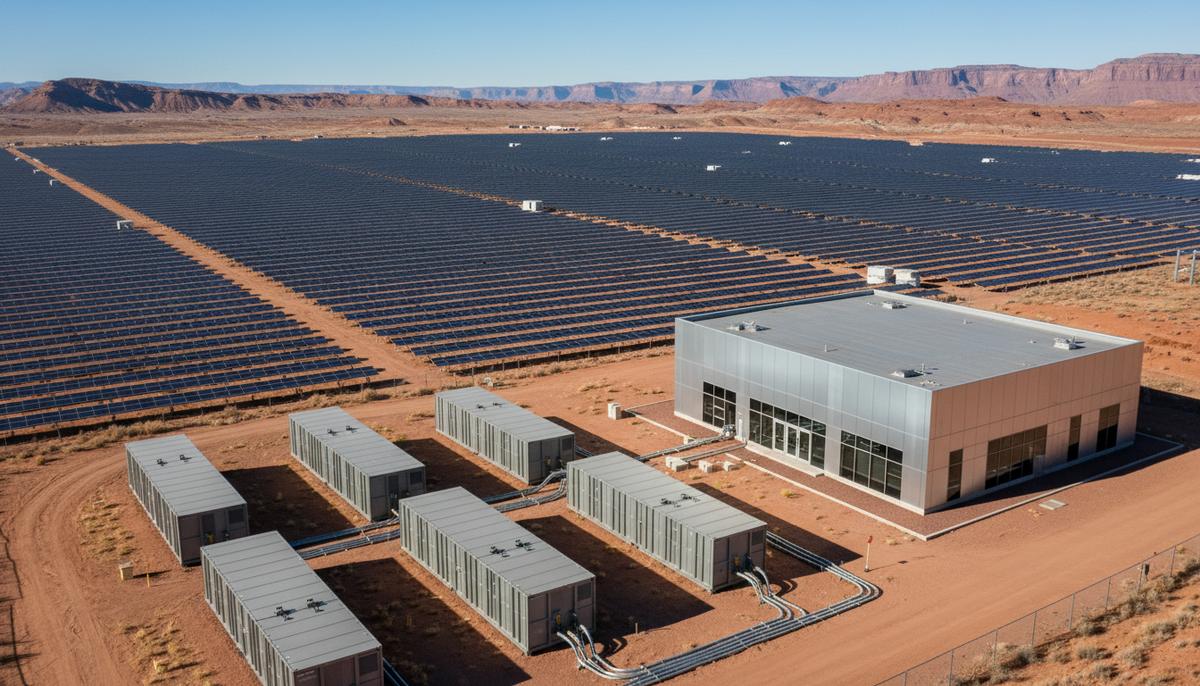 Огромная солнечная электростанция с рядами панелей и контейнерами систем хранения энергии рядом со зданием дата-центра.