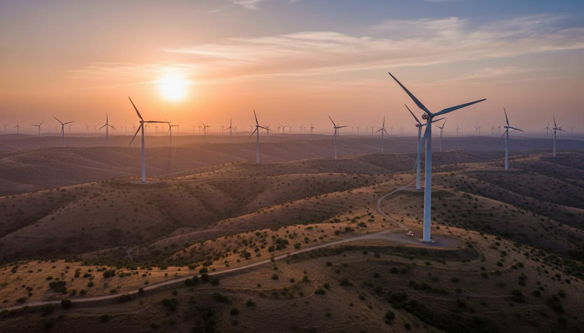 Inox Green приобретает 600 МВт и сервисный бизнес Wind World India Множество ветряных турбин на холмистой равнине в Индии на рассвете или закате на фоне золотистого неба.