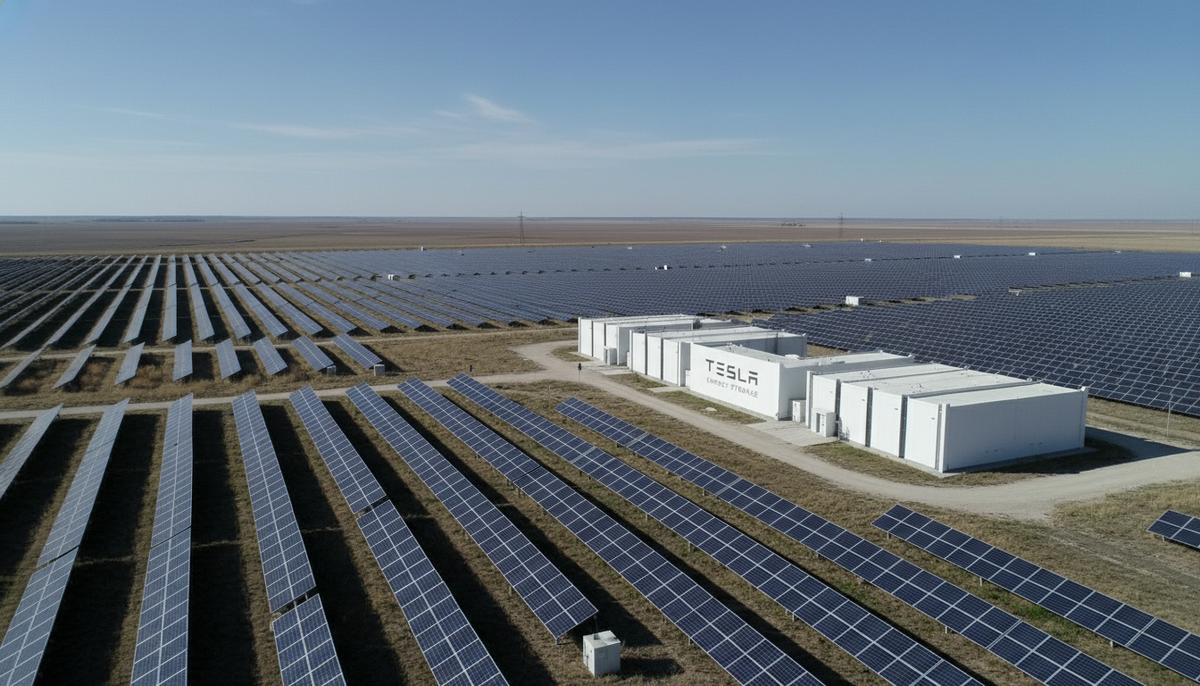 Бескрайнее поле солнечных панелей на равнине и здание системы накопления энергии под ясным небом в Сербии.